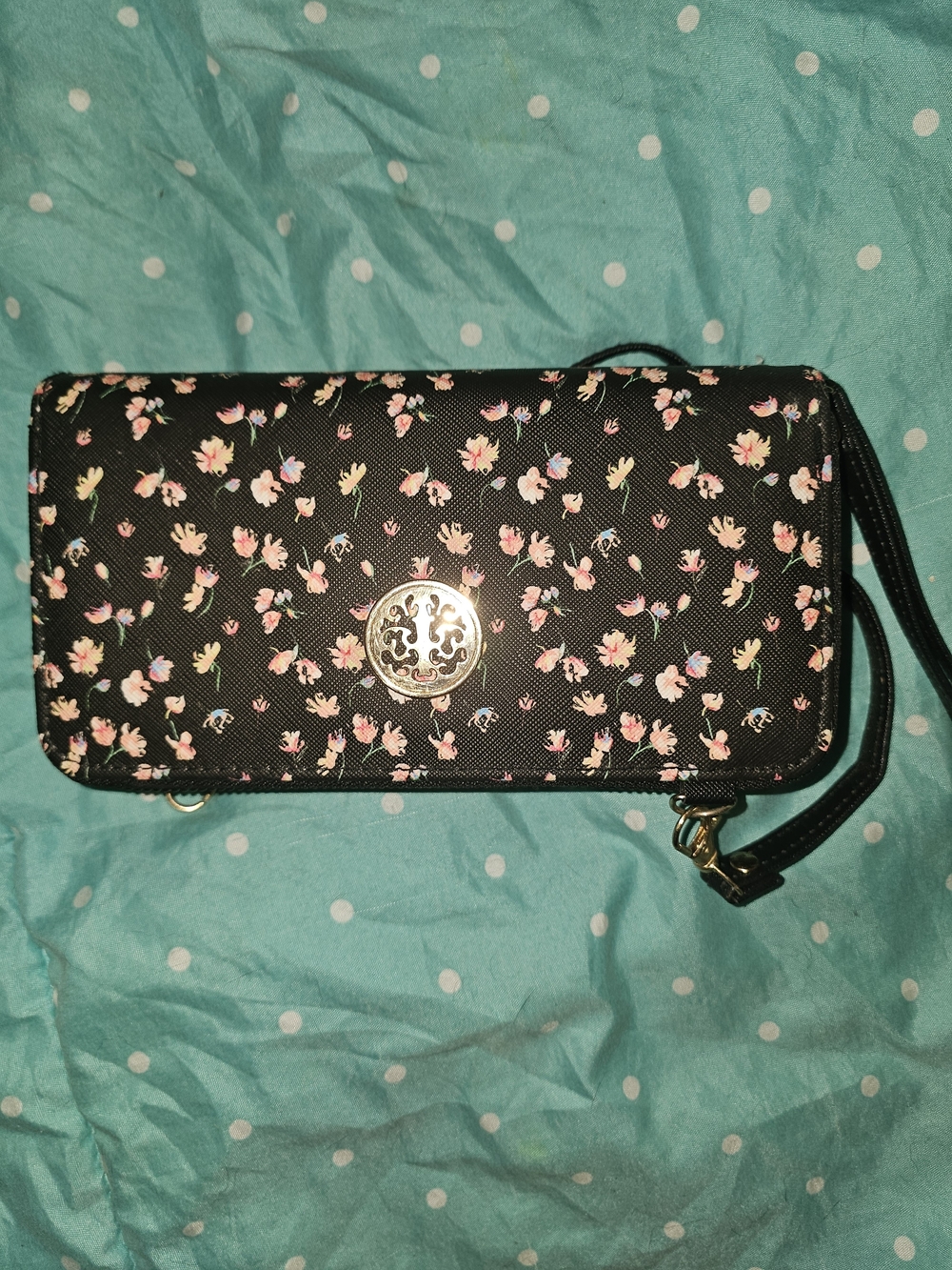 Black Floral Wristlet Clutch with Gold Emblem Adrienne Vittadini